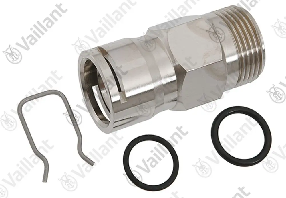 Edelstahl-Ventil mit Gewinde, zwei O-Ringen und einer Sicherungsfeder, präsentiert von Vaillant. Geeignet für Flusskontrolle in Heizsystemen.